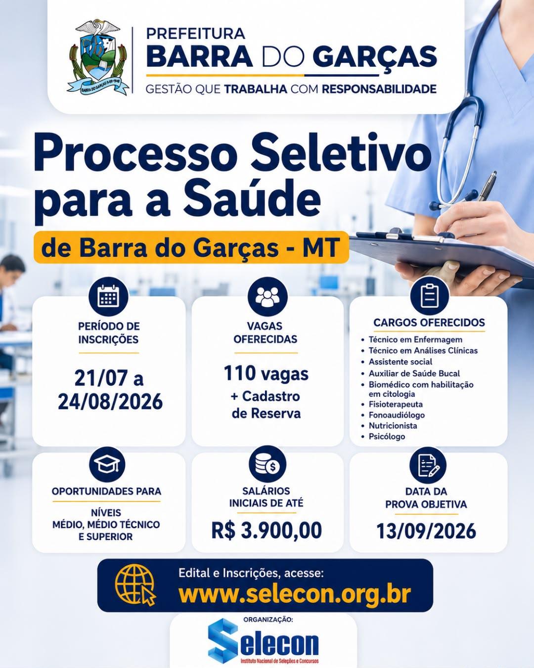 Prefeitura de Barra do Garças abre processo seletivo para contratação temporária na Saúde